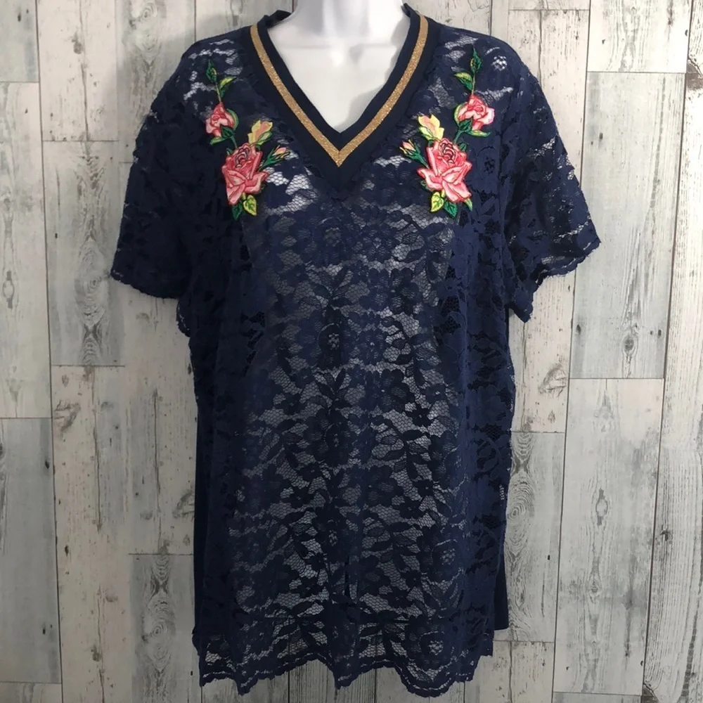 Lane Bryant | Tops | Lane Bryant Sheer Lace Rose Stitching Vneck Top 4 ...